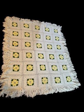 Vintage 3D Rose Granny Square Crochet Afghan White Yellow Floral Blanket